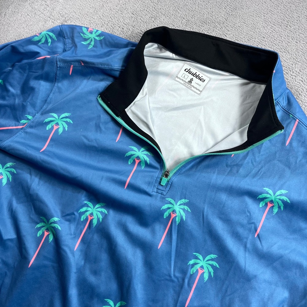 Chubbies Mens 1/4 Zip Pullover Shirt Size L Blue Palm Tree Golf Tee Performance